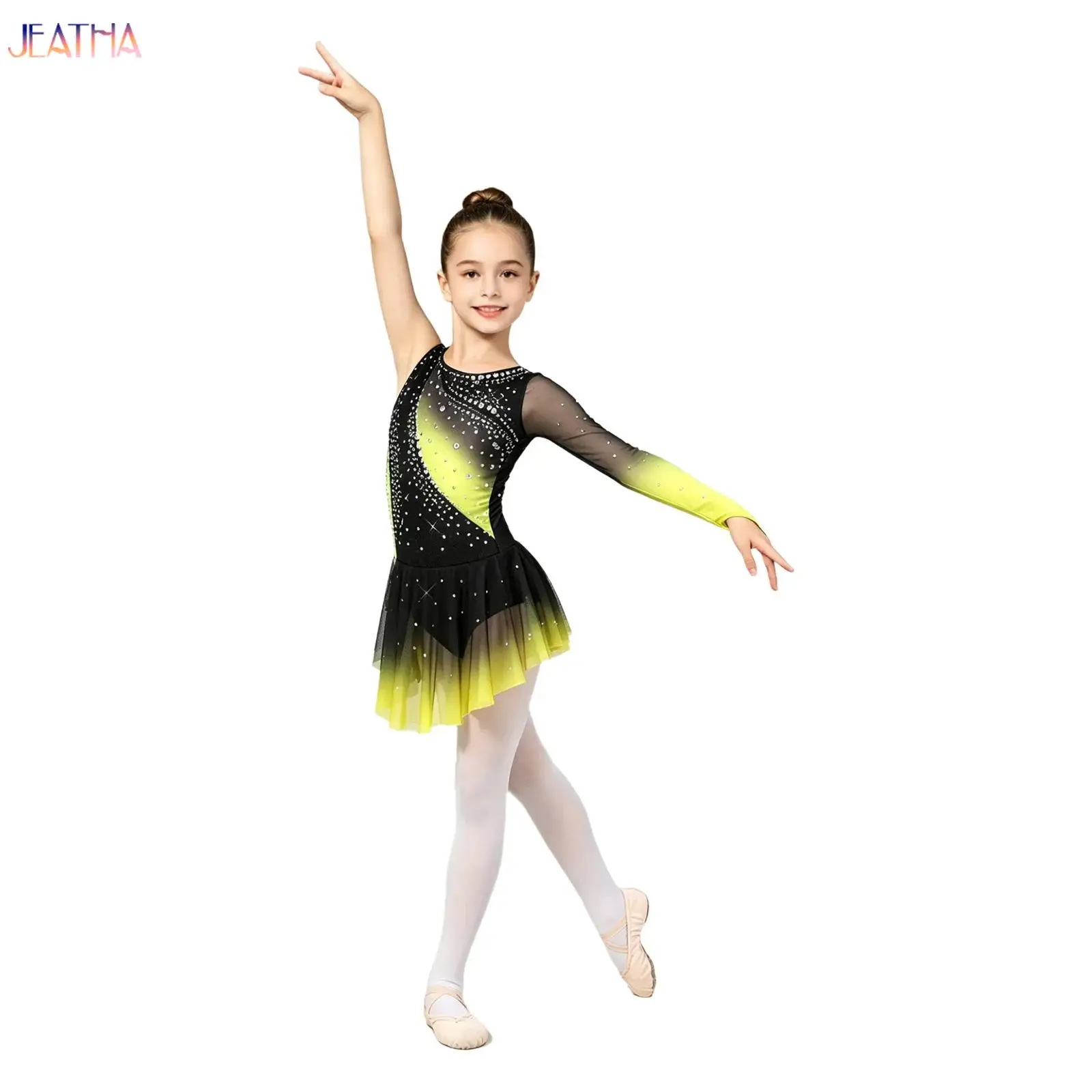 Kids Girls Figure Skating Rhythmic Gymnastics Dress Shiny Rhinestones Contrast Color Asymmetrical Split Dress Lyrical Dancewear
