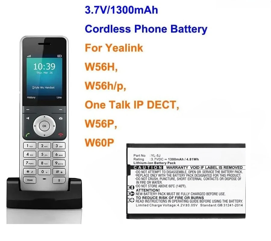 New YL-5J 3.7V 1300mAh 4.81Wh Cordless Phone Rechargeable Battery for Yealink W56-BATT W56H W56h/p W56P W60P One Talk IP DECT