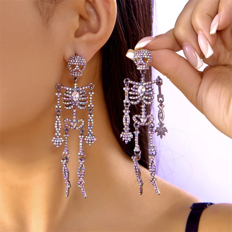 

Halloween Gothic Skeleton Rhinestone Stud Earrings for Women Dainty Skull Drop Earrings Cosplay Party Festival Jewelry Gift ﻿