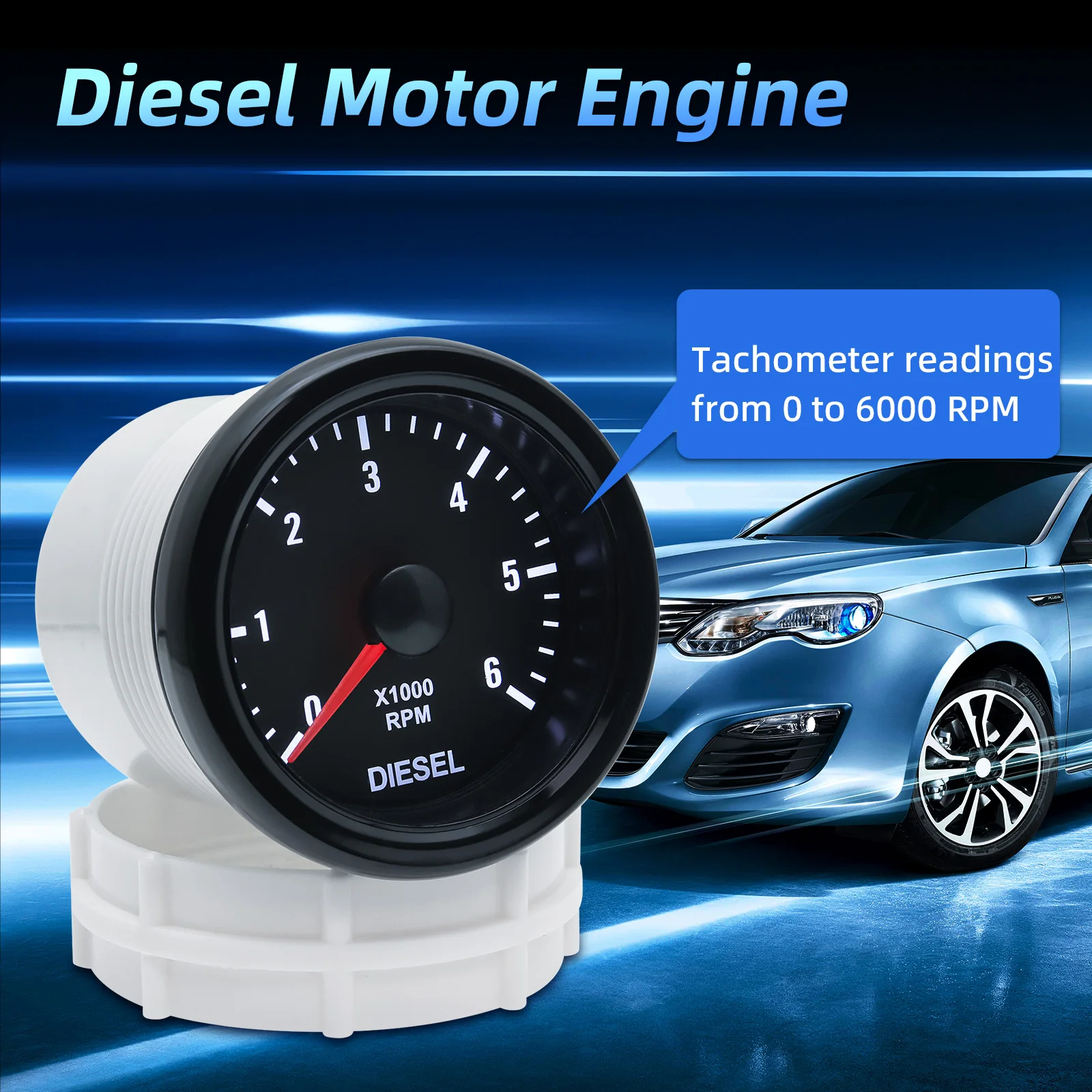 52MM Car Pointer Tacho Meter 0-6000 RPM Tachometer with White Backlight for 1-20 Cylinder