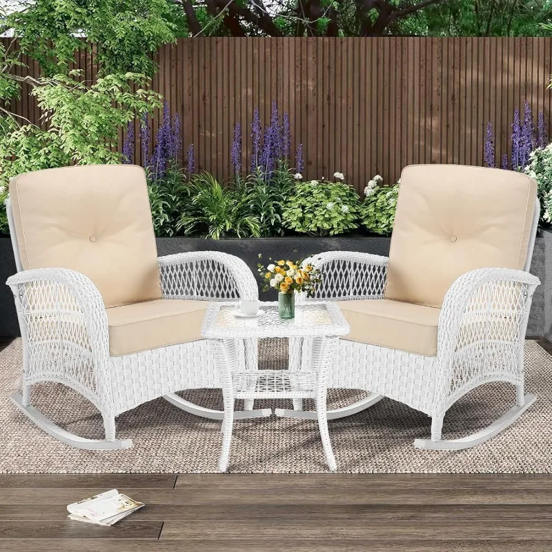 3-Piece Patio Parlor Set, Rattan Outdoor Swinging Patio Bistro Set with 2 Rocking Chairs and 1 Side Table, 4” Thick Cushions