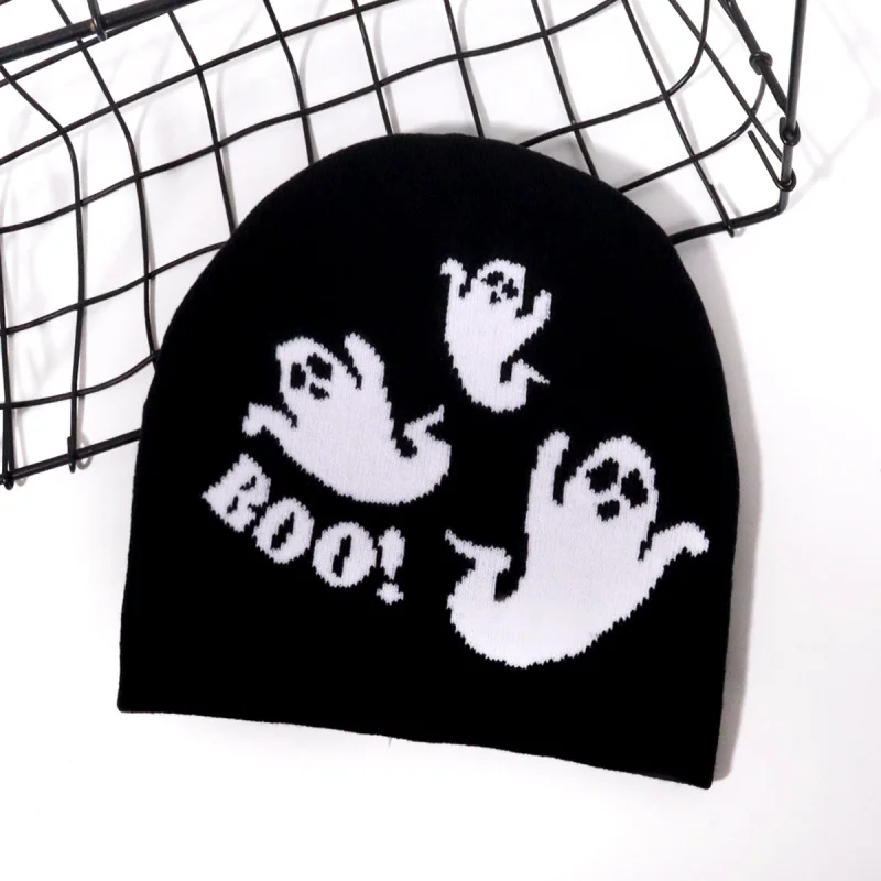 Halloween Themed Streetwear Caps Europe America Hot Selling Ghost Pattern Jacquard Beanies Personalized Trendy Knitted Bonnets