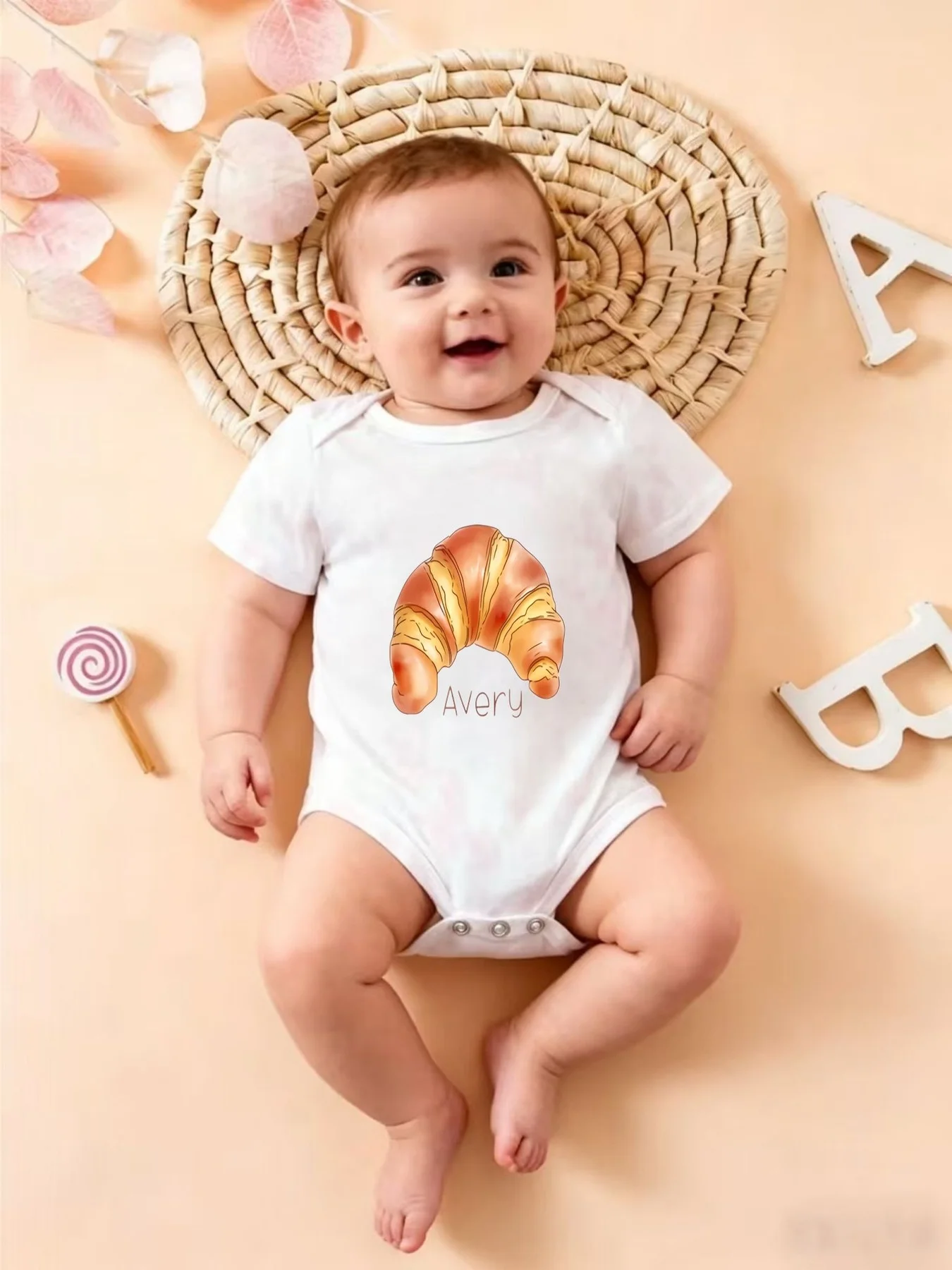 Cute Baby Triangle Romper with Croissant Print Stylish and Casual 1pc Suit Suitable for Daily Crawling and Outdoor Activities