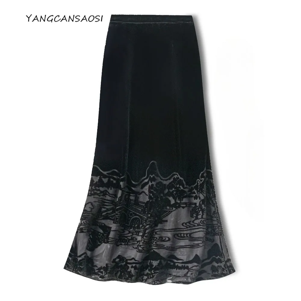 

2025 Women's Autumn Clothing 30% Natural Mulberry Silk Velvet High Waist Design Sense Burnt Flower Bottom Side Split Black Skirt
