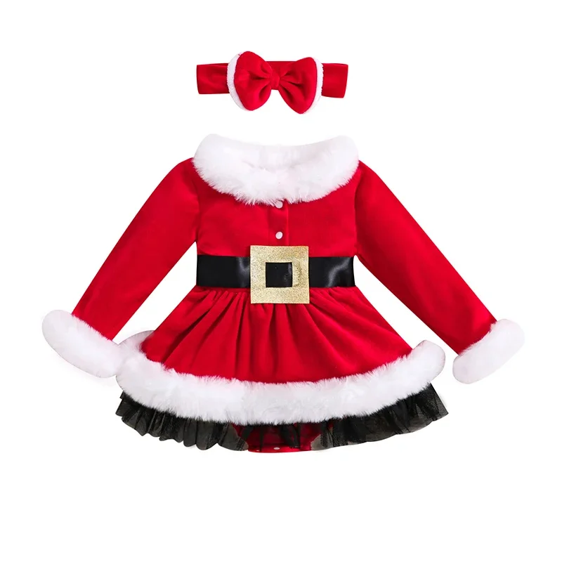 Baby Girls 2Pcs Christmas Dresses Outfits Velvet Santa Claus Red Princess Tutu Dress Puff Shoulder Dress Headband Xmas Costume