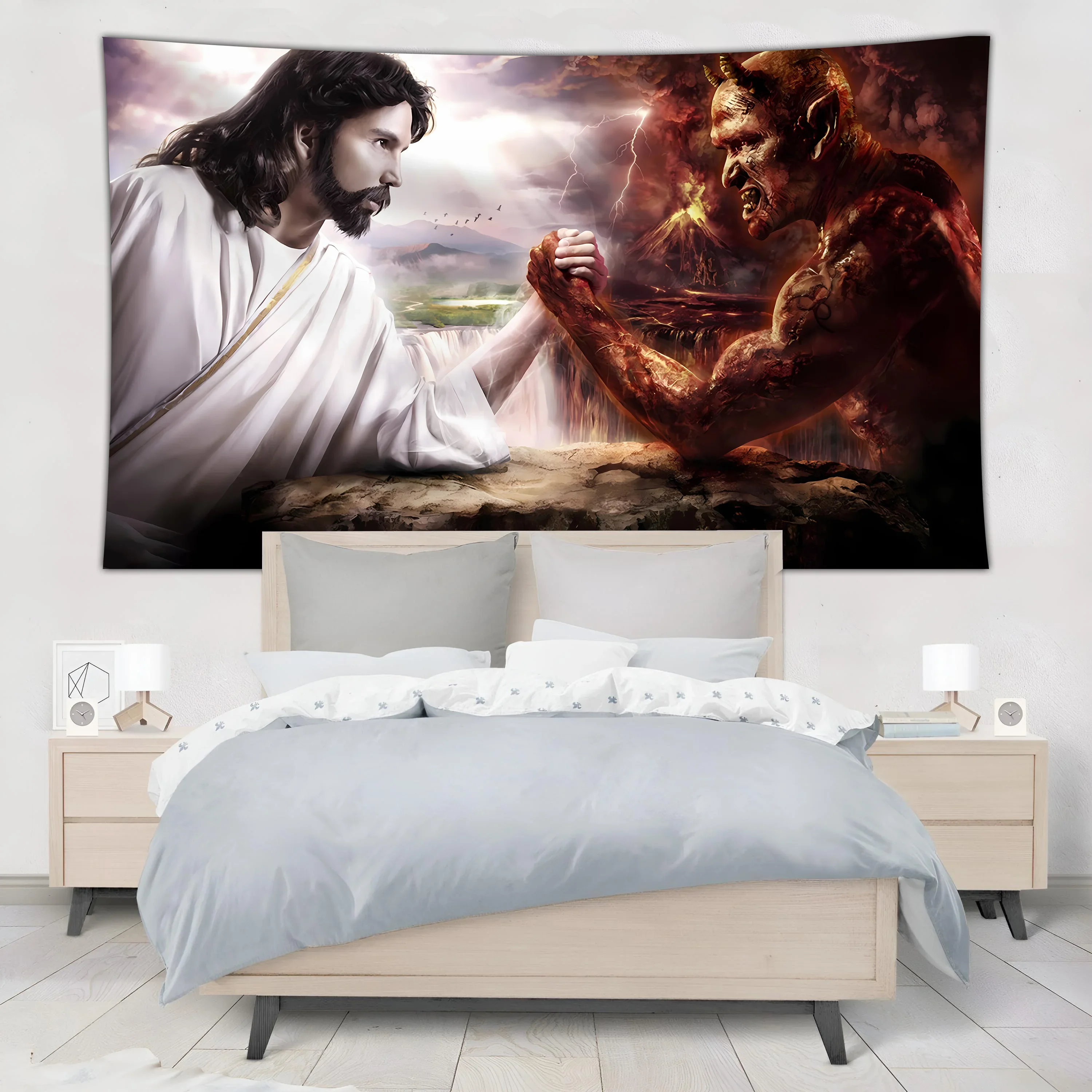 

Synthetic Righteous Son Of God Against Evil Background Decorative Wall Tapestry Polyester Material Living Room