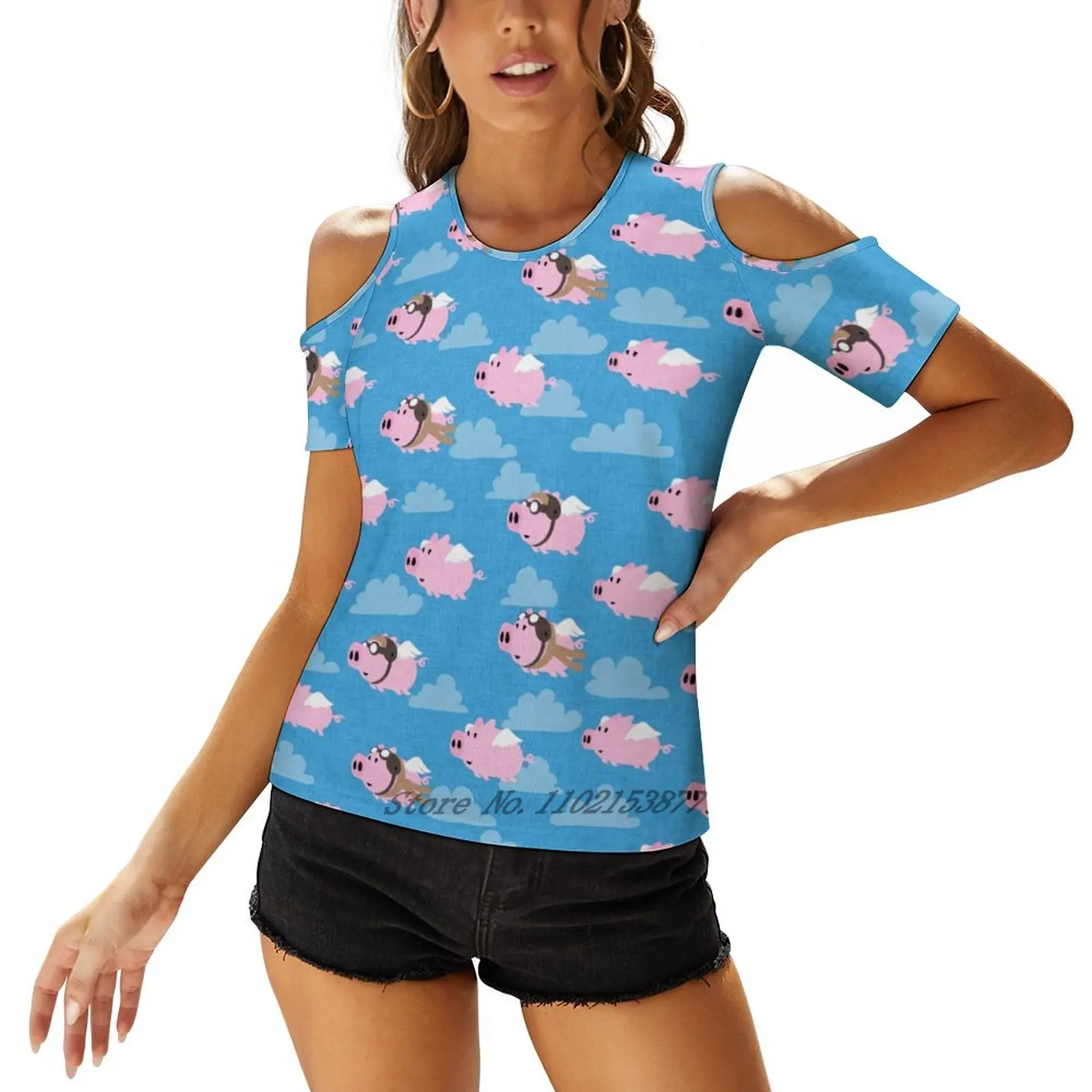 Happator-T-Shirt Cochons Volants pour Femme, Vêtement Décontracté, à Manches Courtes, Col en V, avec Fermeture Éclair, Mignon, Bleu