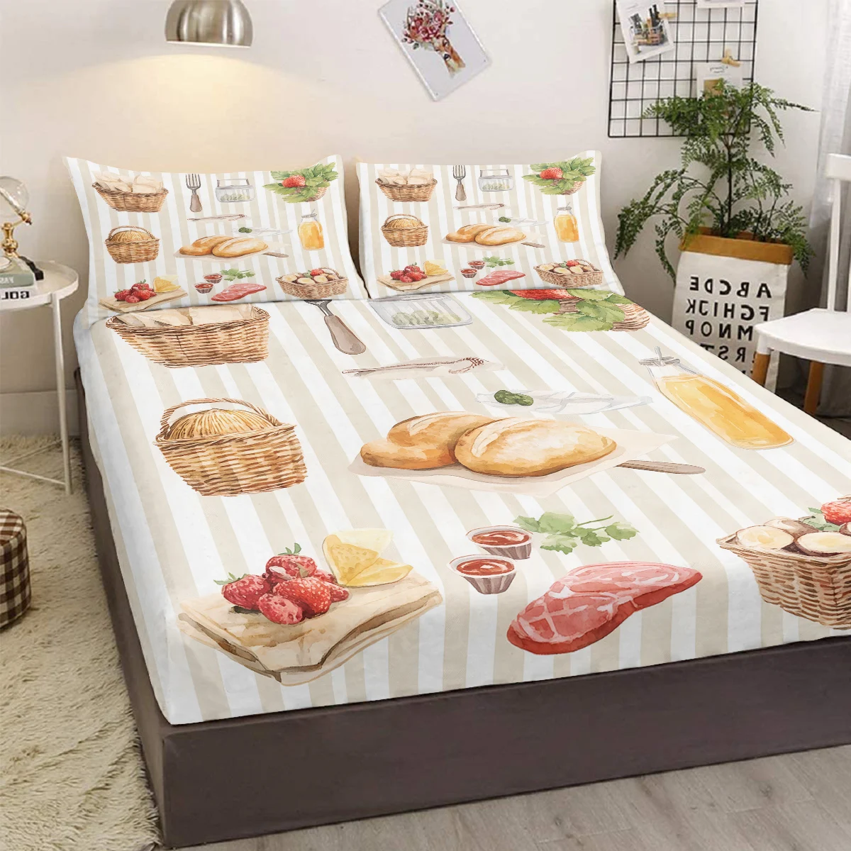

Picnic food pattern bedding set of three pieces with two pillowcases suitable for living room and bedroom (daily, outdoor)