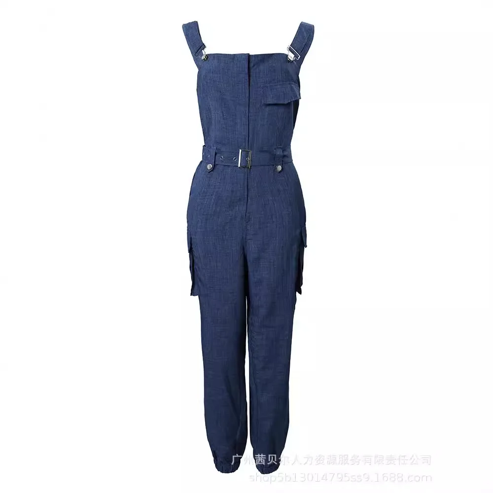 Women\'s Clothing Imitation Denim High Waist Cargo Jumpsuit Pockets Solid Color Ankle Length Overall Pants Jumpsuits