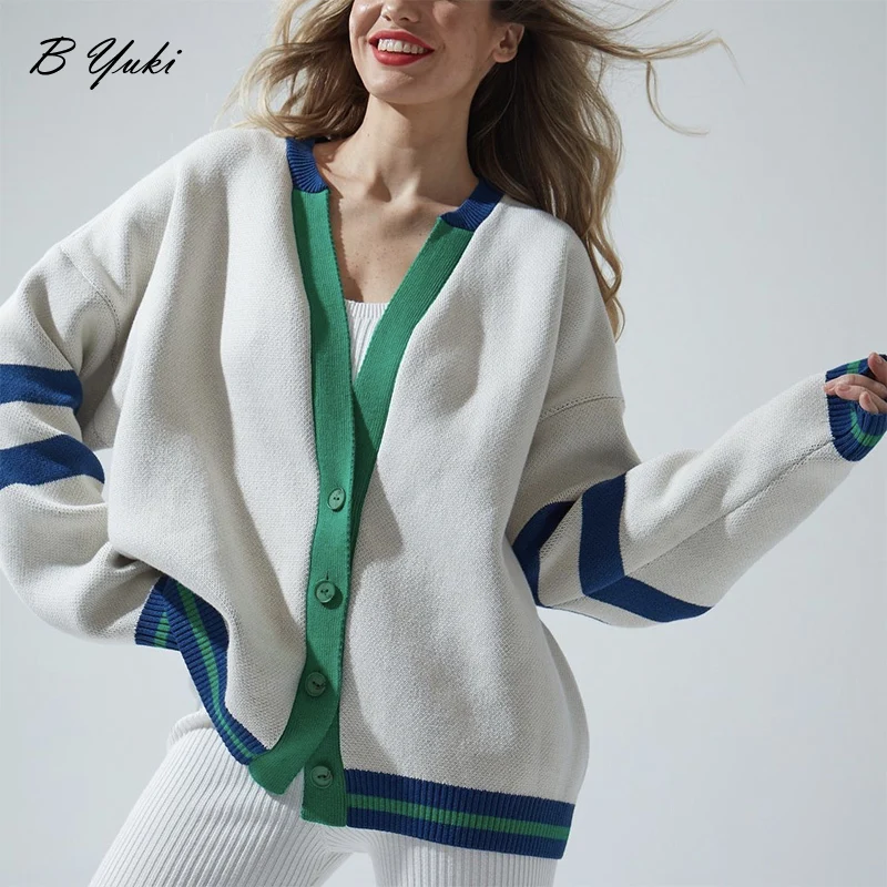 Blessyuki Oversized Knit V-Neck Cashmere Cardigan Sweater Women 2023 Autumn Winter Contrast Stripe Sweaters Female Casual jumper