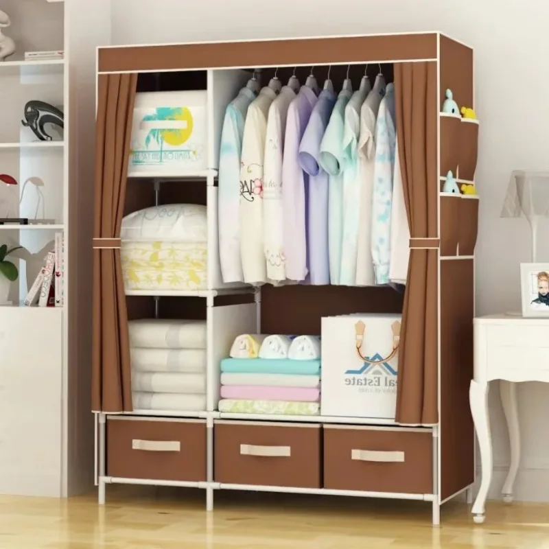 Simple Wardrobe with Storage Box, Multifunctional Hanging Closet, Dormitory Garment Rack, Non-Woven Fabric Organizer