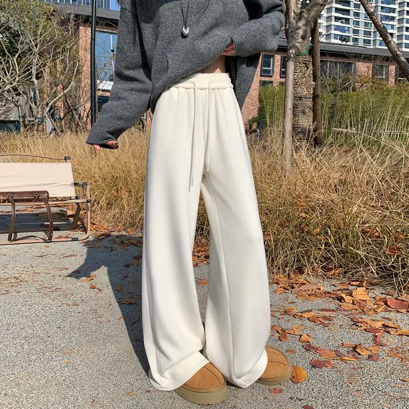 Herfst Winter Nieuwe Sle Wijde Pijpen Vloerlengte Broek Dames Fce Gevoerde Acetaatwollen Broek Casual Broek met Rechte Pijpen