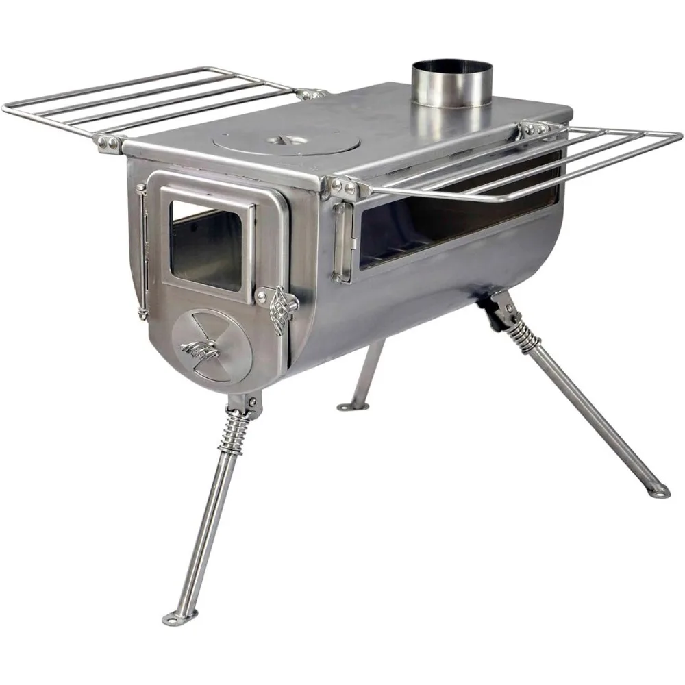 Woodlander Double-View Large Tent Stove , and Camping  Cubic Inch Firebox  Stainless Steel Construction  Includes Chimney Pipe