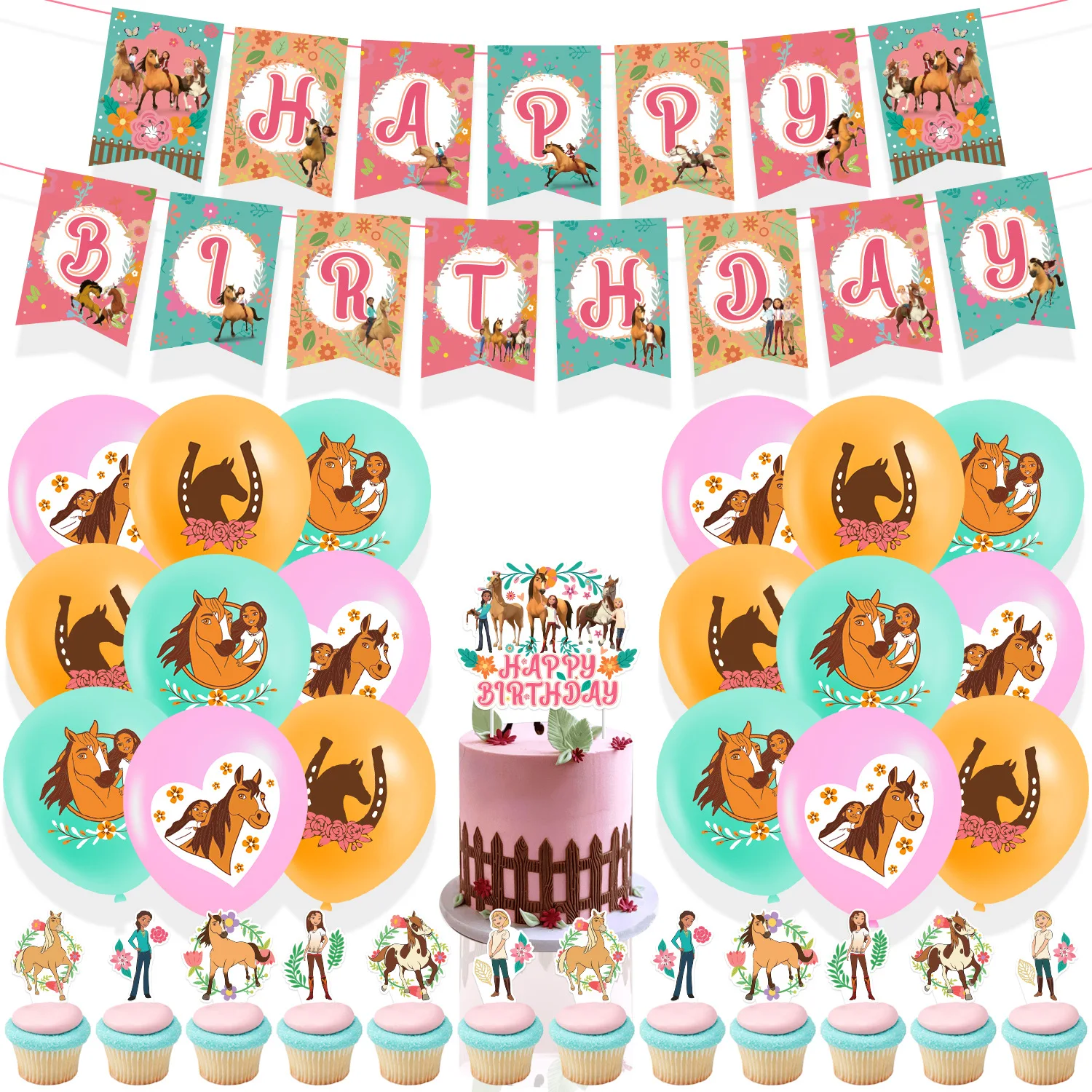 Spirit Riding Horse Theme Girl' s Birthday Party Supplies Decor Lantex Balloon Banner Backdrop Cake Topper Kid Baby Shower Gift