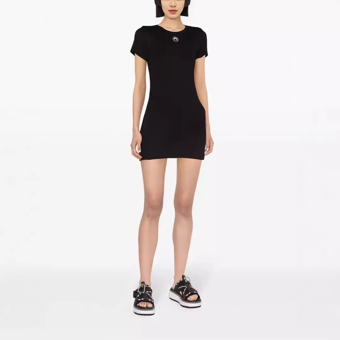 Casual Round Neck Dress Women Summer New Cotton Hip Wrapping Slimming Moon Embroidered High Street Versatile Short Sleeve