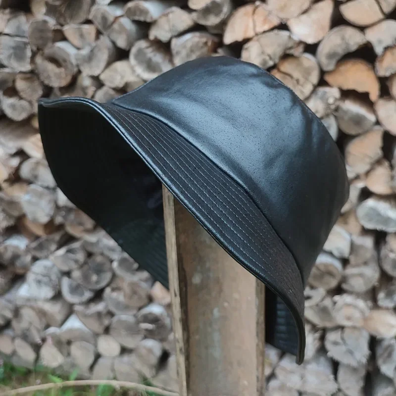 New Autumn and winter PU leather basin hat enlarged and deepened XXL size plus fisherman hat black men's big head circumference