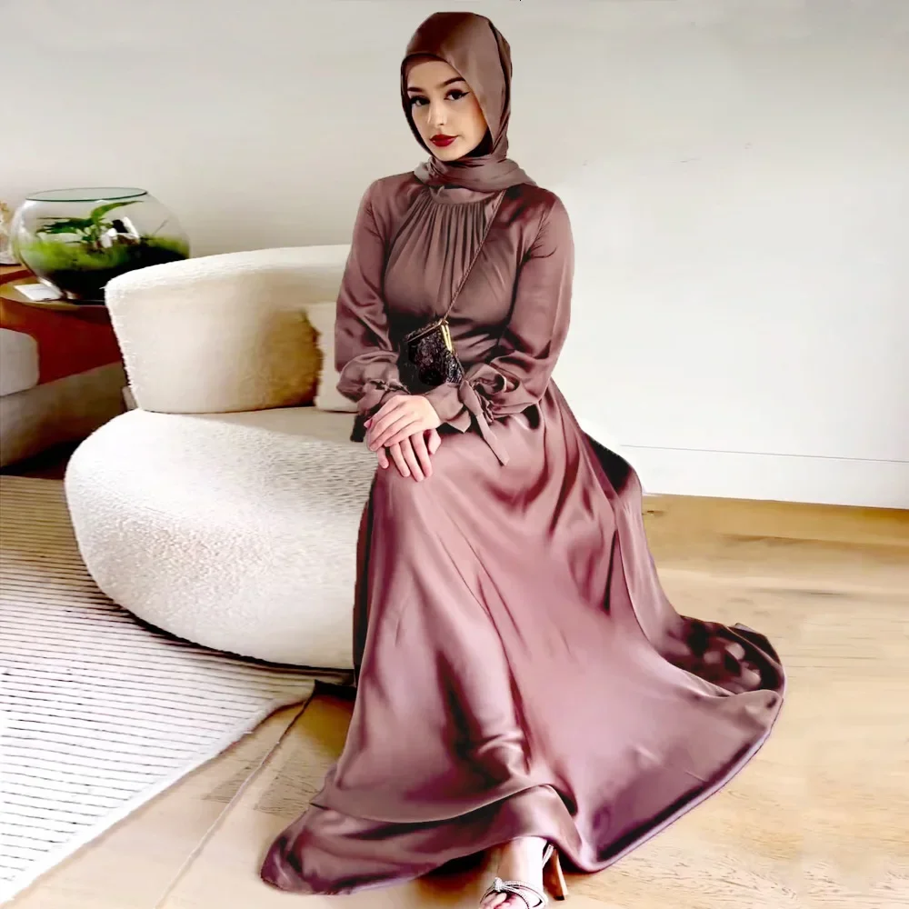 2024 Spring New Middle East Saudi Arabia Cross Border Muslim Hui Acetate Satin Lace Dress Robe Argent Bodycon Medium Strecth