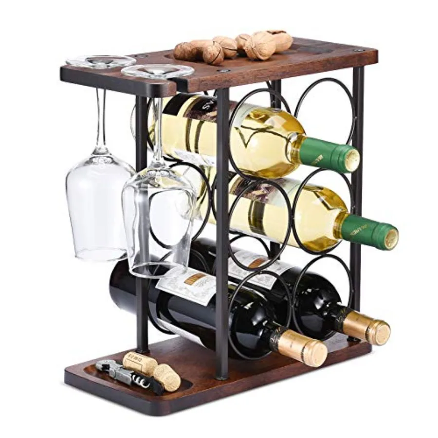 

Wine Rack with Glass Holder, Countertop Wine Rack, Wooden Wine Holder with Tray, Perfect for Home Decor and Kitchen Storage Rac