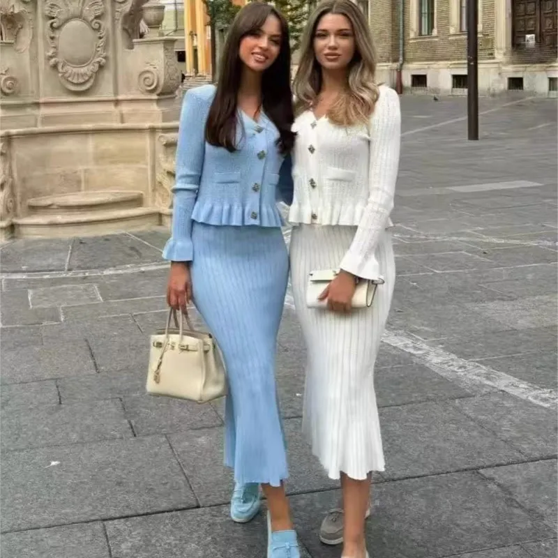Women's Set French V-neck Ruffled Long Sleeved Cardigan Hip Hugging Fish Tail Long Skirt Elastic Knitted Two-Piece Set For Women