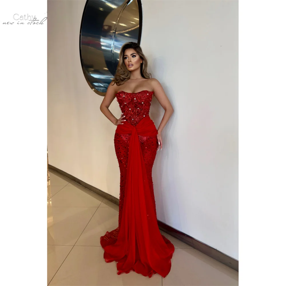 

Cathy Customized Luxury Rhinestones Burgundy Prom Dresses Strapless Mermaid vestidos de noiva Sexy Floor-length Formal Evening