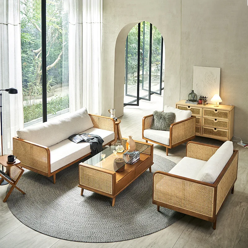 Nordic solid wood sofa combination holiday home rattan sofa new Chinese leisure B & B villa recliner rattan chair