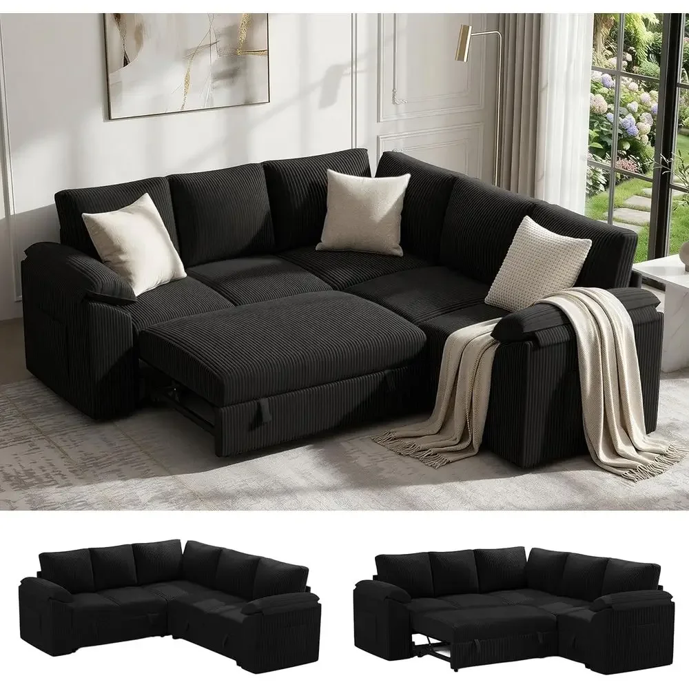 85 Inch Sectional Sleeper Soa Bed with Pull Out Couch, haped 5 Seat Cloud ular Sectional Soa with Storage, Corduroy Sectional Co