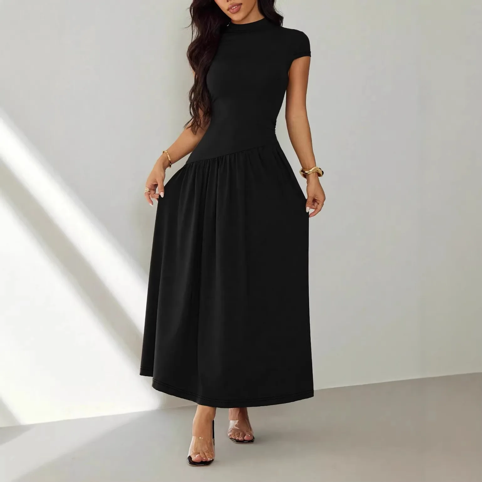 

2026 New Fashion Elegant Solid Color Slim Fit Temperament Short Sleeve Round Neck Dress Women Long Maxi Skirt