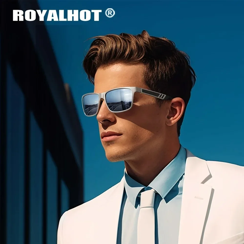 RoyalHot Occhiali da sole da uomo con montatura quadrata polarizzata in alluminio-magnesio con pellicola colorata Occhiali da sole da pesca per