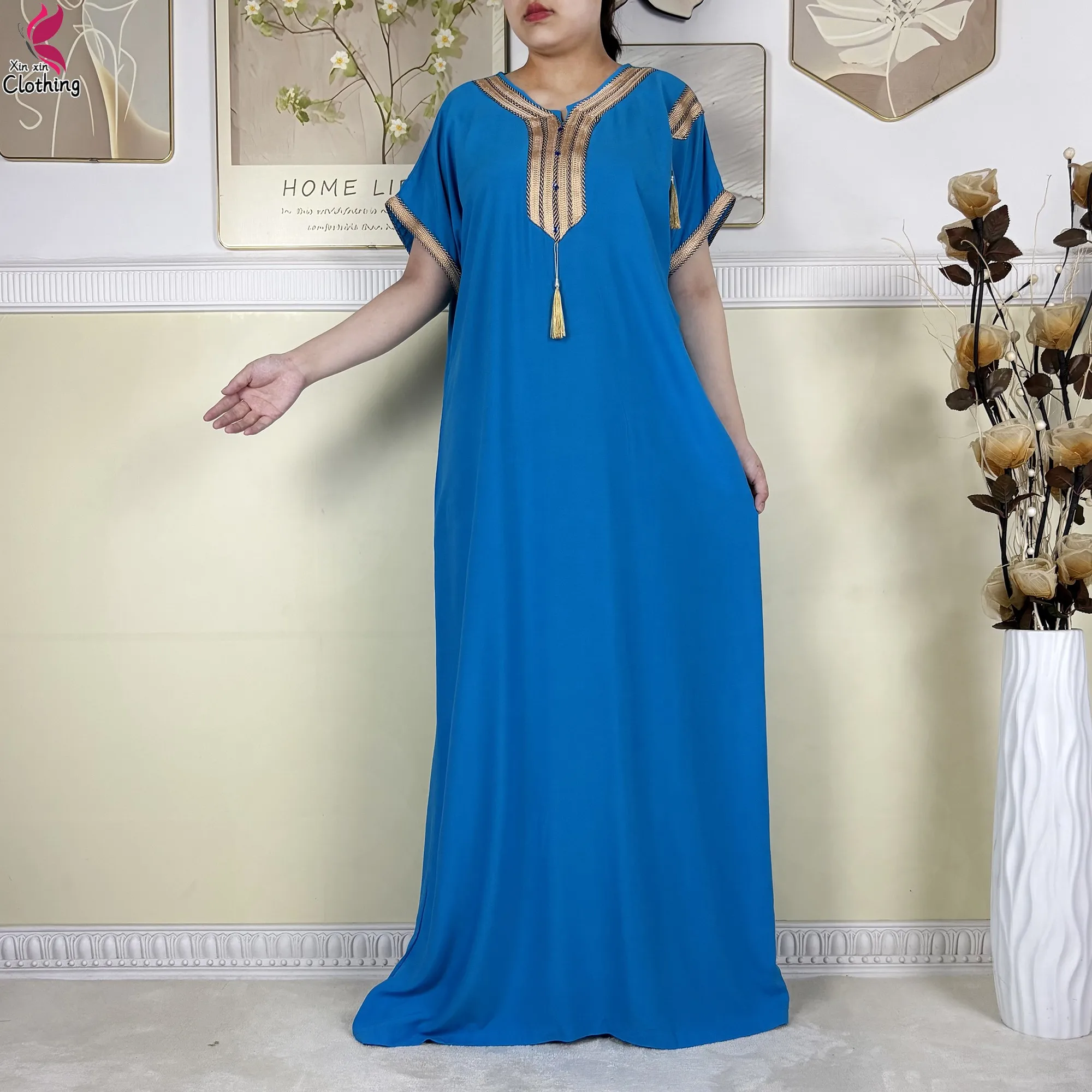2025 Muslim Caftan Short Sleeve Dress Solid Cotton Summer Abaya African Traditional Dresses Islam for Women Casual Clothing