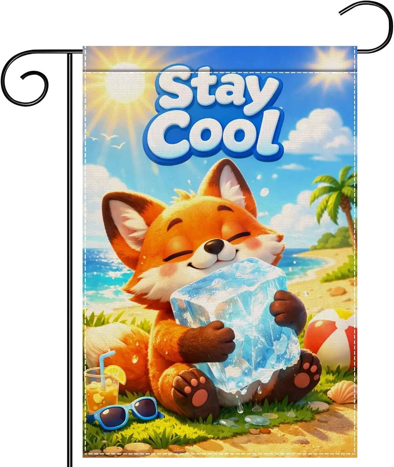 Funny Fox Summer Garden Flag 12x18 Inch Double Sided Stay Cool Beach Scene Outdoor Yard Decor Polyester kkz