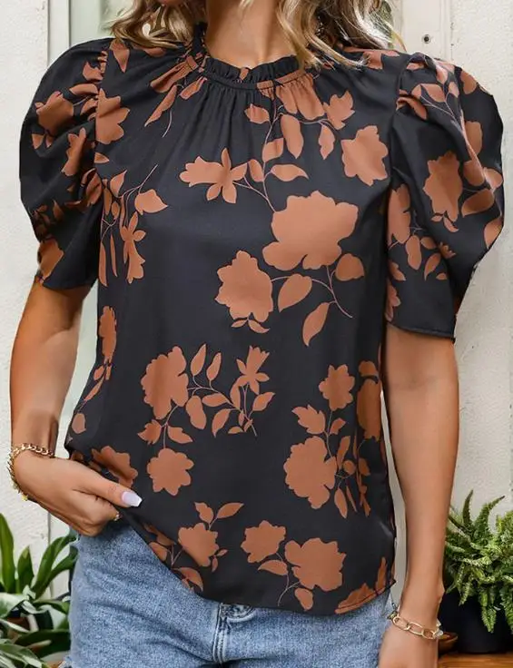 

Summer 2025 Women's Casual Retro Bubble Sleeve Top Stand up Collar Printed Trendy Fashion Short Sleeve Shirt