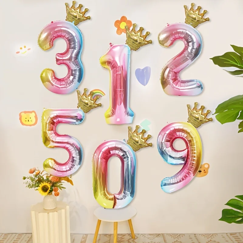 32-Inch Gradient Crown Digital Balloon Set 0-9 Foil Numbers Birthday Party Decorations Mixed Colors 1 Set Halloween Christmas Ch
