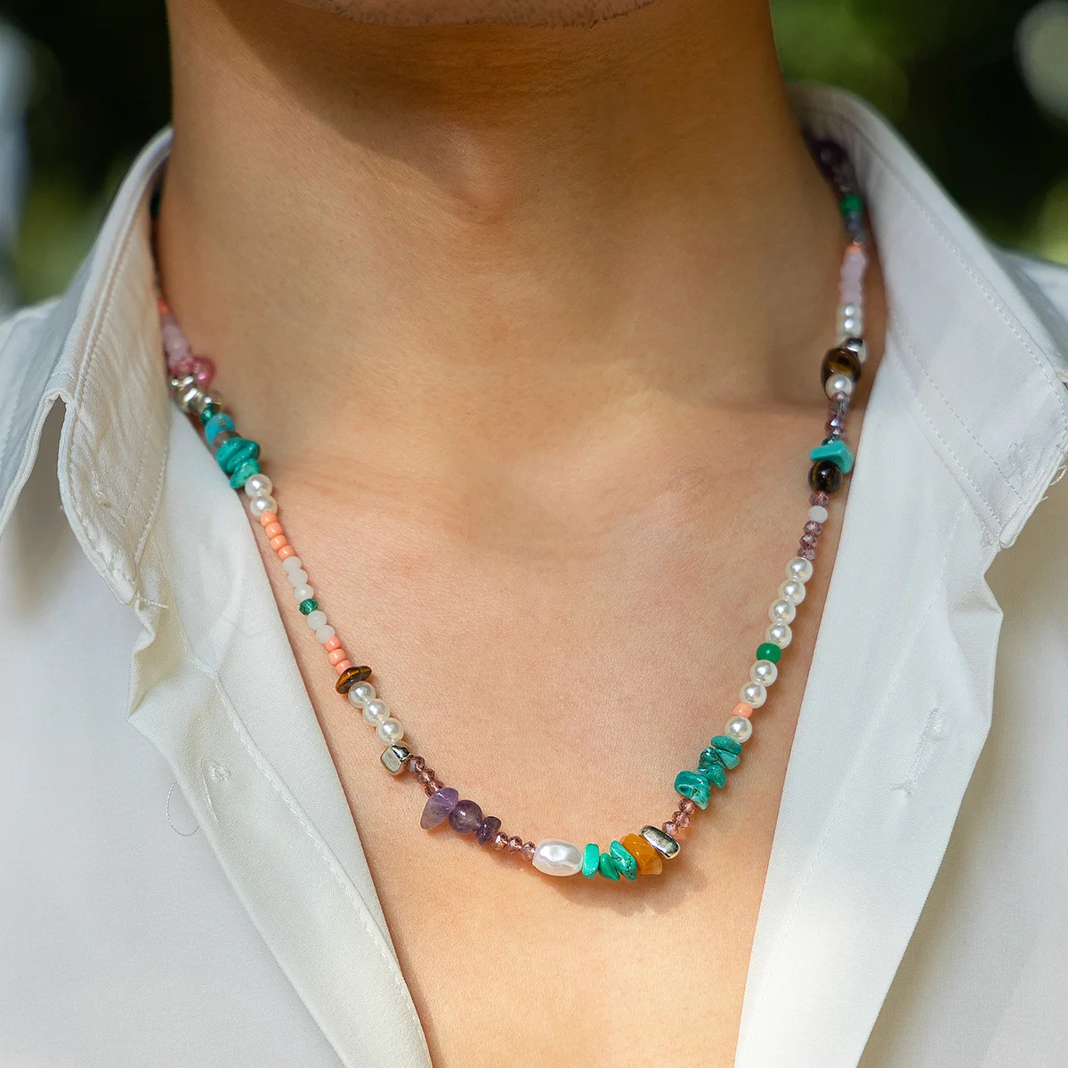

Men's versatile colorful crushed stone crystal pearl necklace, niche hip-hop summer necklace for men