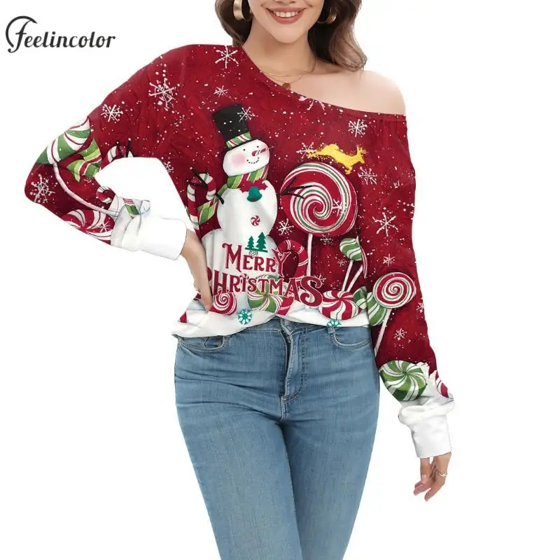 Snowman Print Long Sleeve Christmas T-Shirts for Women Lollipop Off Shoulder Shirt Tops Red Pull On Tees Sexy Female Streetwear