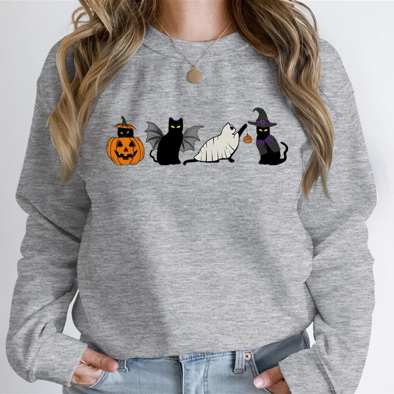 Sweatshirt wanita musim gugur Hoodie Halloween, Sweatshirt gaya Vintage cetakan kucing hantu labu bahagia Halloween