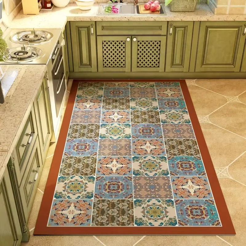 American Retro Kitchen Carpet PVC Leather Balcony Oil-proof Non-slip Soft Rug Waterproof Scrubbable Dirt-resistant Foot Mat 러그