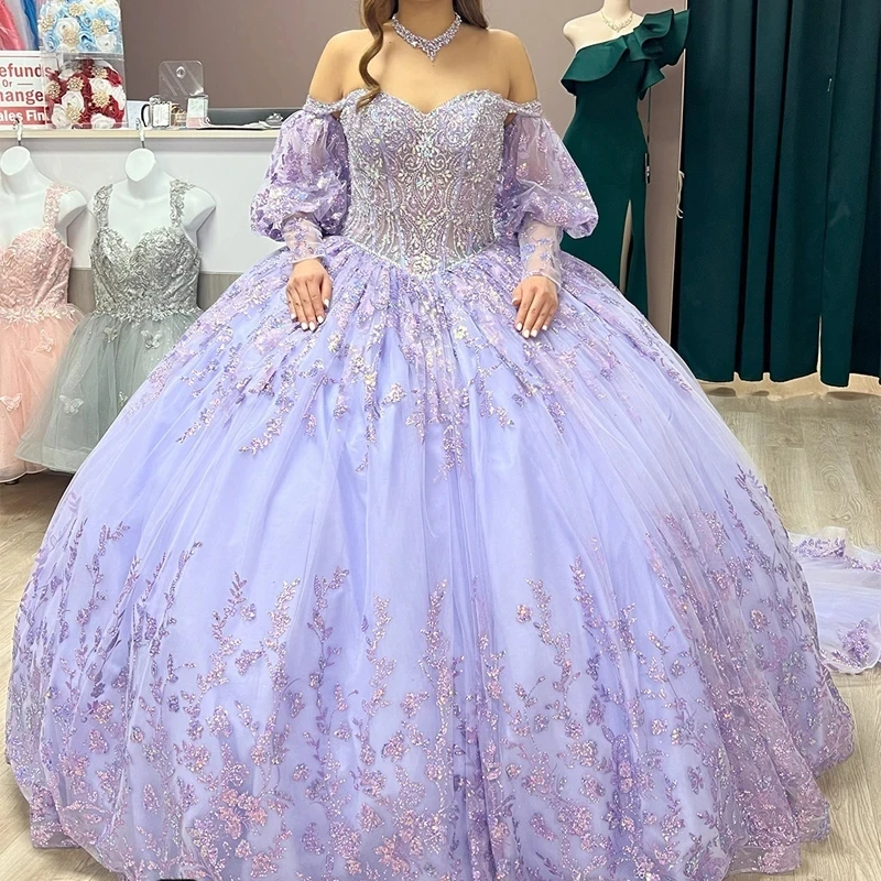 

Glitter Lilac Quinceanera Dresses Off Shoulder Appliques Crystal Tull Sweet 15 16 Dress Occasion Prom Party Vestidos De Anos