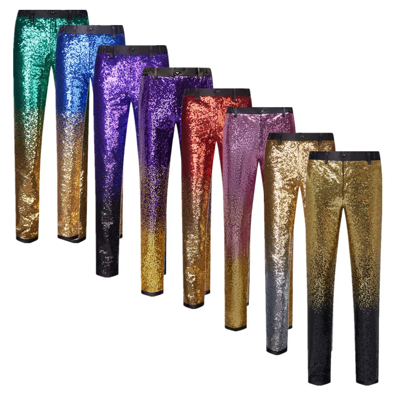 Fashion Men Luxury Sequin Suit Pants Gold / Silver / Purple Men's Bar KTV Prom Stage Performance Dress Gradient Trousers