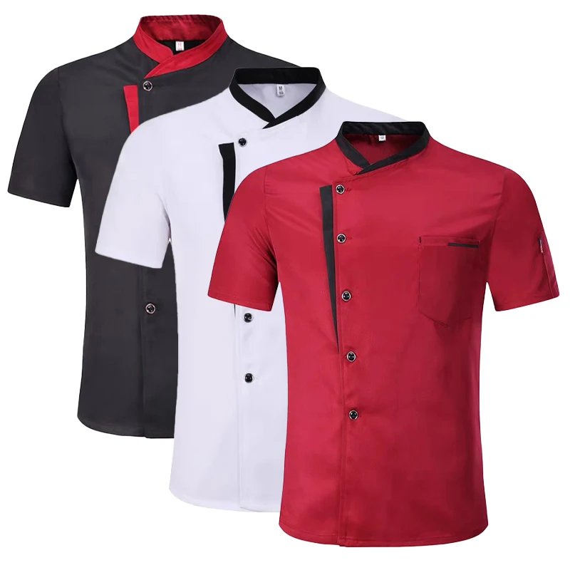 Unisex Chef Coat Short Sleeve Chef Jacket Men Women Black White Cook Uniform Restaurant Kitchen Cooking Work Shirt Red Workwear