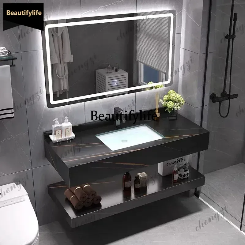Accessible Luxury Wall Mounted Bathroom Vanity Double Layer Rock Slab Integrated Washbasin Combination b567