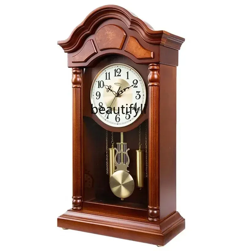 Solid wood, hour pendulum clock, silent Chinese table clock in living room, European retro large quartz clock
