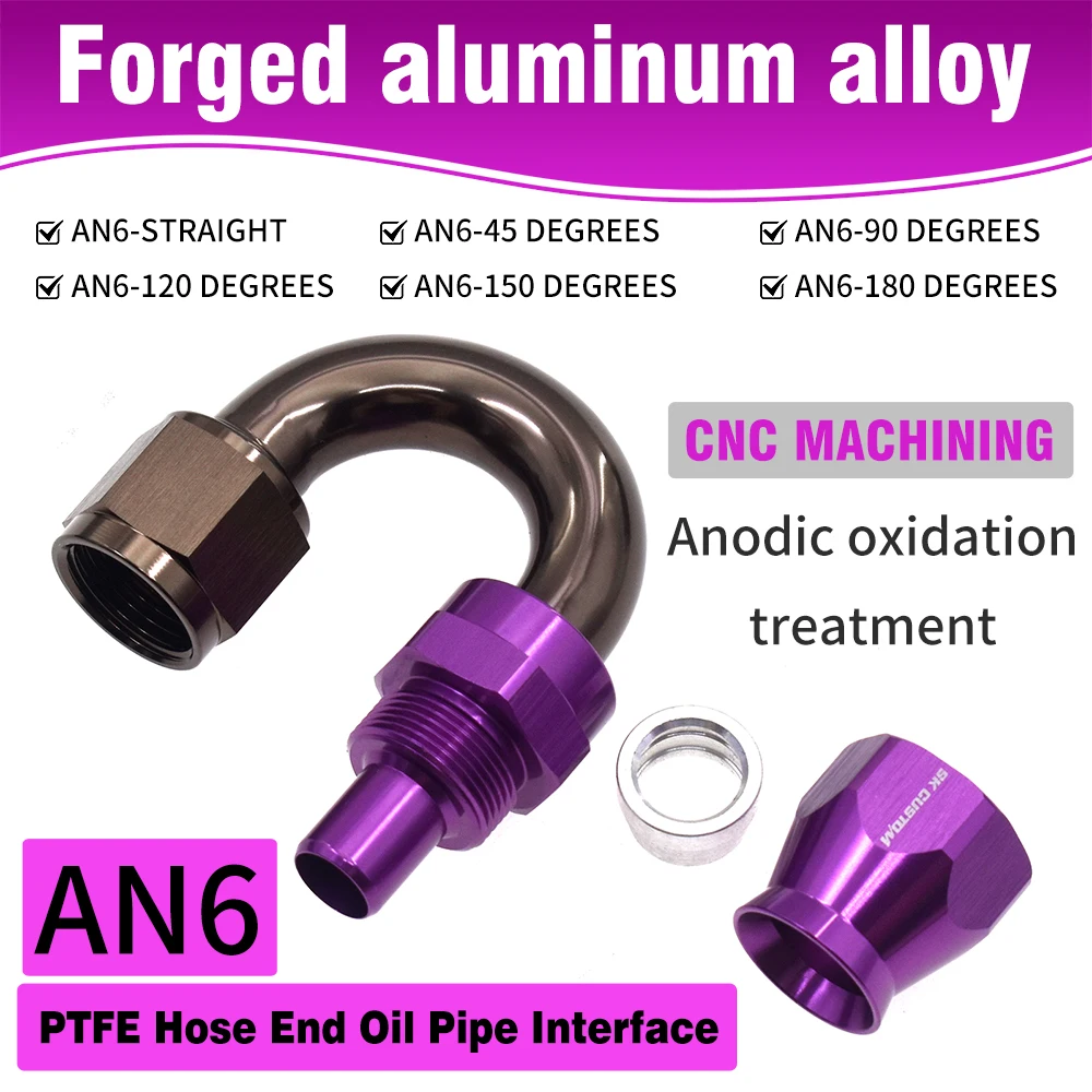 SK CUSTOM AN6 PTFE Hose End Oil Pipe Interface Straight 0°/45°/90°/120°/150°/180 Degrees PTFE Fuel Line Hose End Fitting Adapter