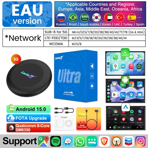 Автомобильный смарт-бокс CarlinKit Ultra2 Android 15 CarPlay Ai Box SM6350 с беспроводным CarPlay и Android Auto, поддержка Play Store, 8 ГБ ОЗУ, 128 ГБ ПЗУ, OTA-обновления