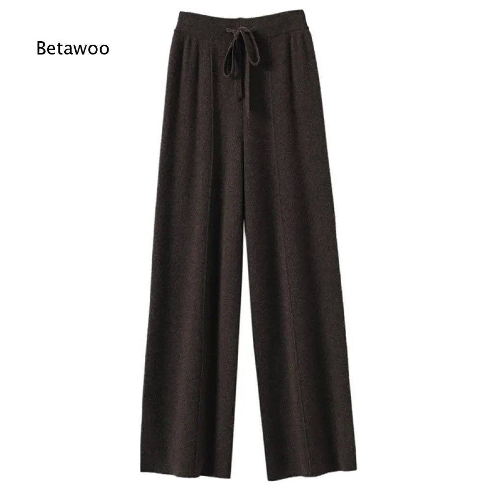 Women High Waist Drawstring Knit Pants Solid Wide Leg Straight Trousers Front Vertical Seam Soft Bottoms For Outdoor And Daily