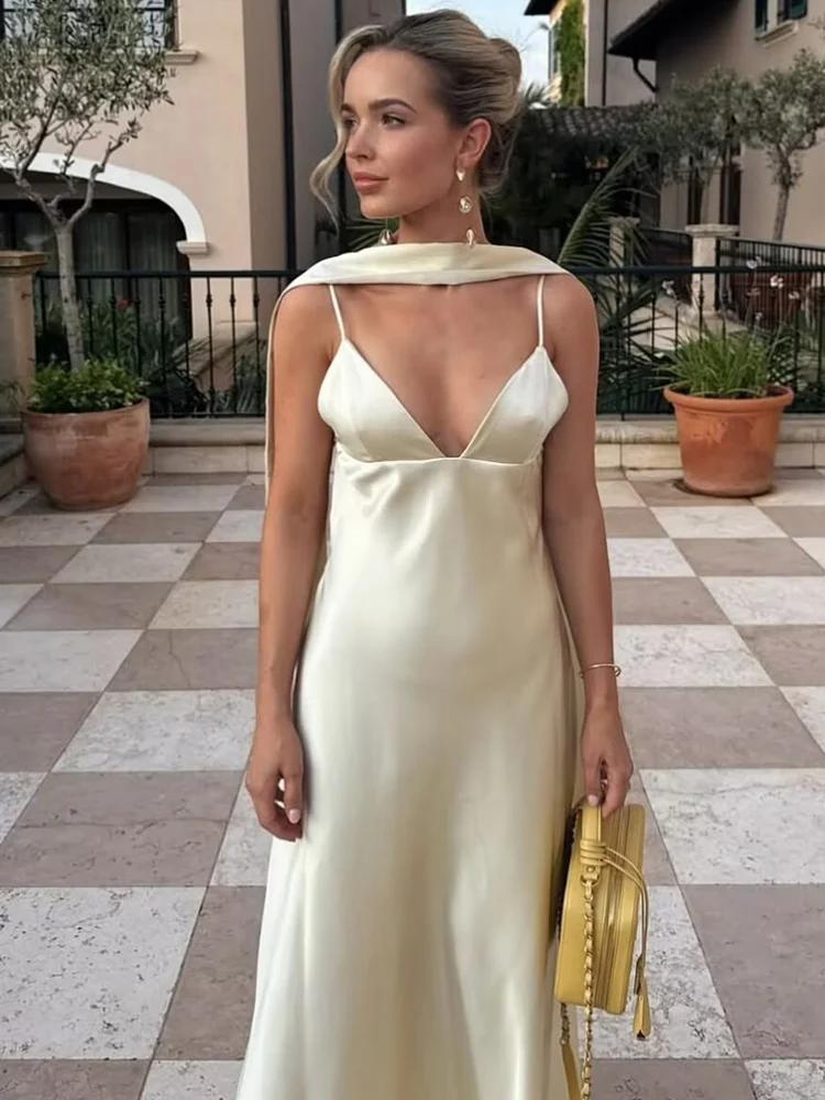 HXAO 2025 Women's Dress Satin Halter Dress Summer Elegant Party Prom Evening Dresses Chic Slip Thin Scarf Maxi Backless Vestidos