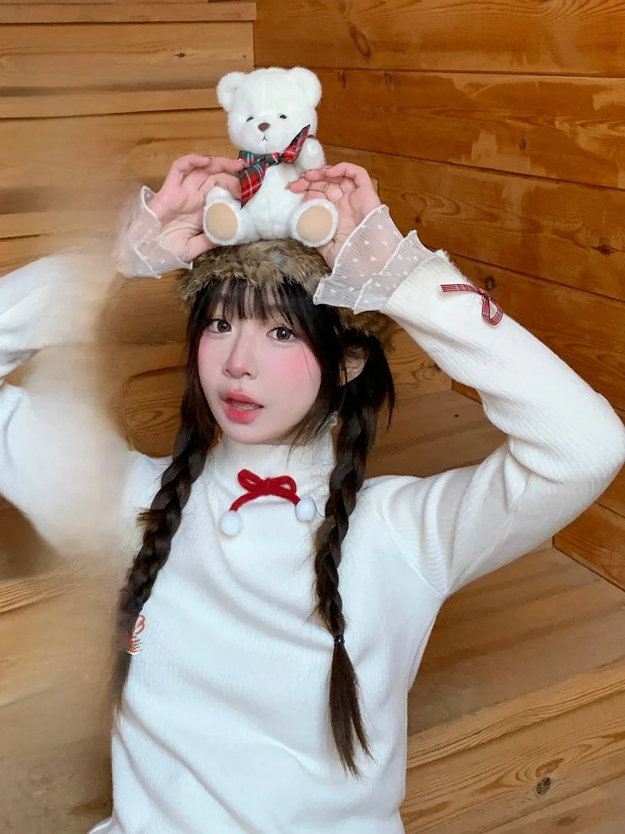 

Женский вязаный топ Bibibency с высоким воротником и узлом, свободного кроя, с кружевными вставками, повседневный, с длинными рукавами, теплый, термо-футболка