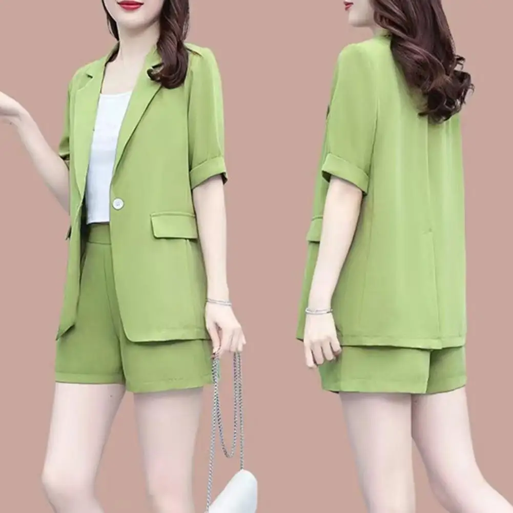 Lapel Short Sleeve Shorts Elegant Women's Office Suit Set with Short Sleeve Shorts Ol Style Outfit for Work Chic Lapel Single