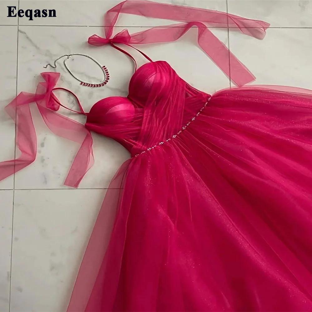 Gaun Prom Midi Tulle Berkilau Sederhana Eeqasn Gaun Pesta Formal Wanita Tali Spaghetti Berlipat Panjang Teh Gaun Homecoming Saudi