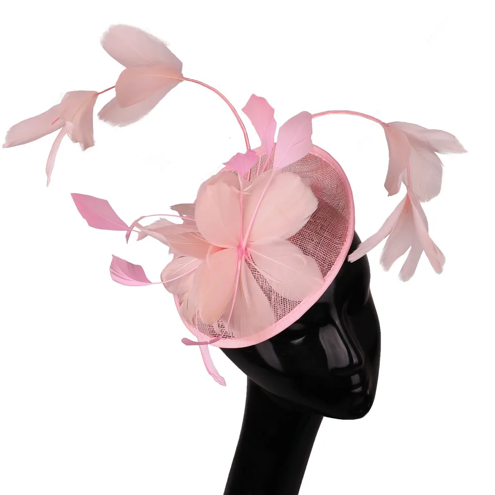 

Розовая винтажная элегантная женская шляпка-фасцинатор из синамая, большая федора, свадебный головной убор для церкви с перьями, свадебный головной убор