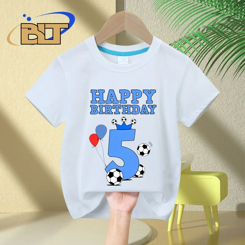 T-shirt de manga curta para crianças, top de algodão, para o futebol aniversário número 5 ° aniversário, casual, verão